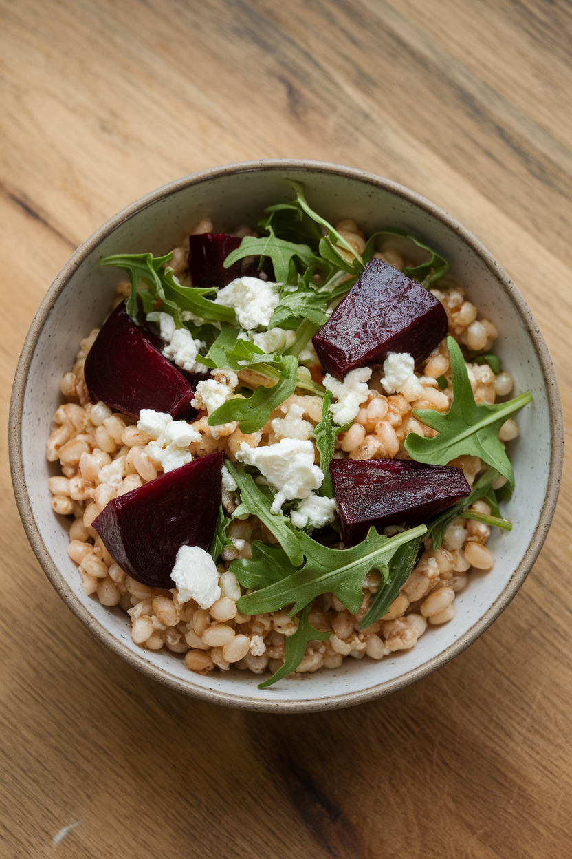 A shallow bowl indoors with pearl barley, roasted beet wedges, arugula, and crumbled goat cheese tossed together. No text or logos.