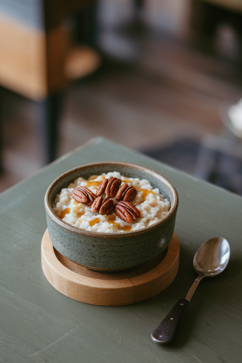 A ceramic bowl on an indoor table containing creamy rice pudding topped with toasted pecan halves and maple drizzle. Photo only, no text or logos.