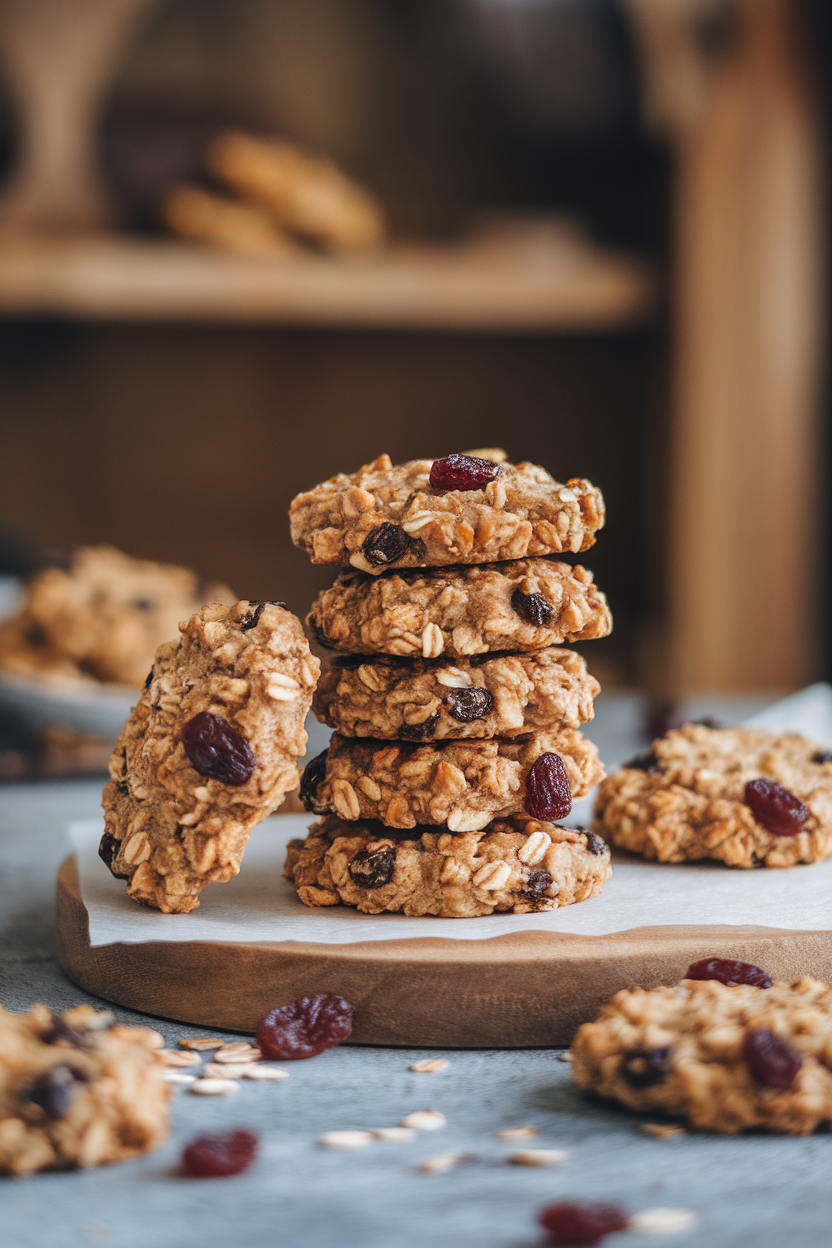 Indoor photo of a plate stacked with oat and flax breakfast cookies studded with raisins; no text or logos visible.