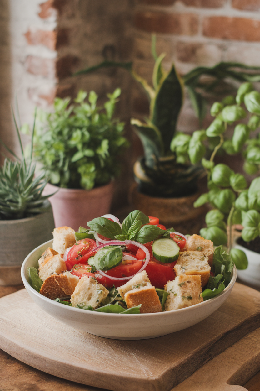 Photo of an indoor salad bowl with chunky bread cubes, tomatoes, cucumber, red onion, and basil lightly dressed; no text or logos.