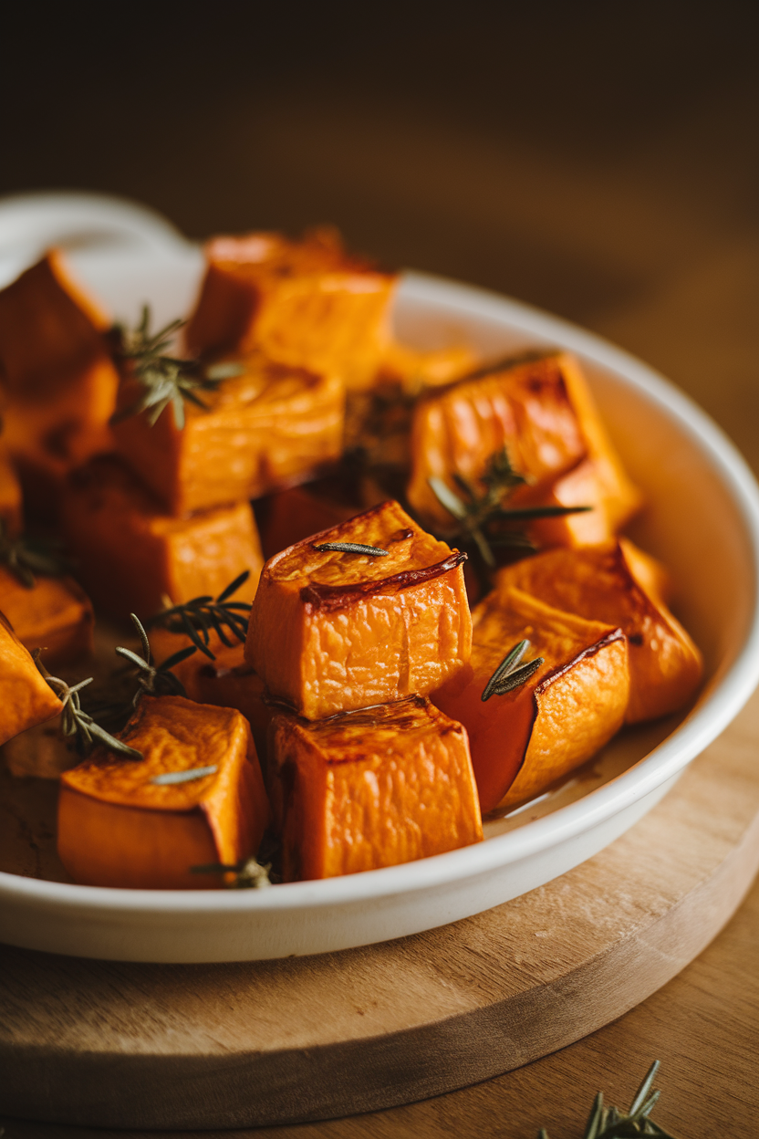 Cubes of roasted butternut squash on a white serving dish, edges caramelized, lightly coated with maple syrup and scattered with chopped rosemary; indoor lighting, no text or logos. Photo only.