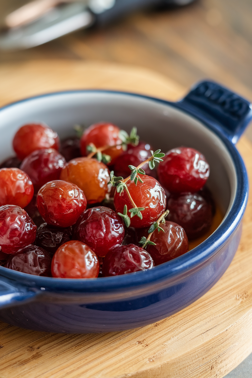 An indoor ceramic dish of blistered red grapes, honey glaze shimmering, tiny thyme sprigs scattered on top. No text or logos.