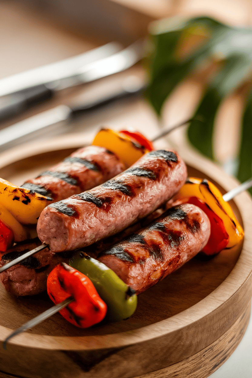 Indoor photo of grilled sausage and bell-pepper kebabs resting on a platter, slight char marks visible; no text or logos.