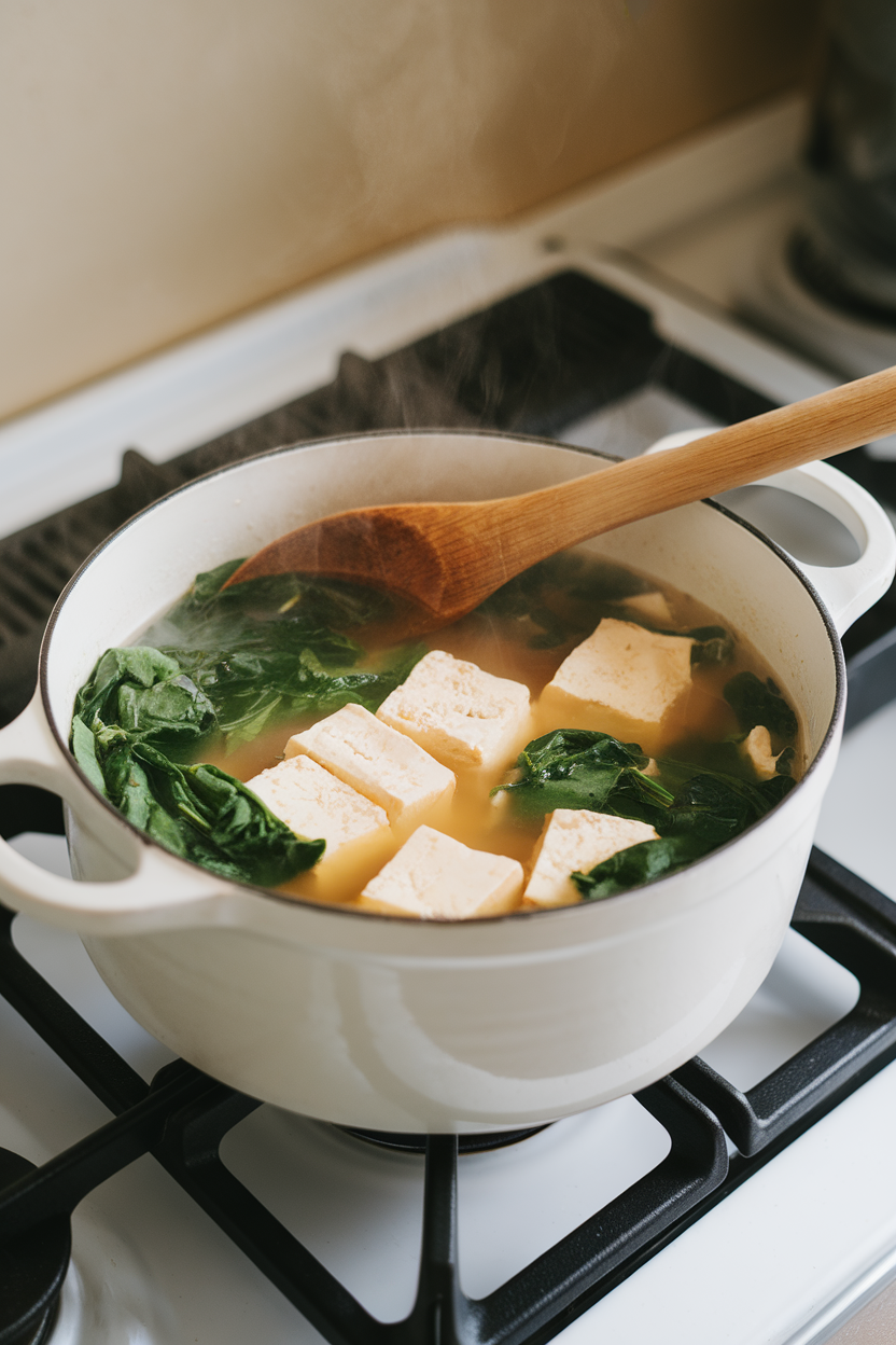 Indoor stovetop shot of a small pot of steaming miso soup with tofu cubes and wilted spinach, ladle resting inside. No text or logos.
