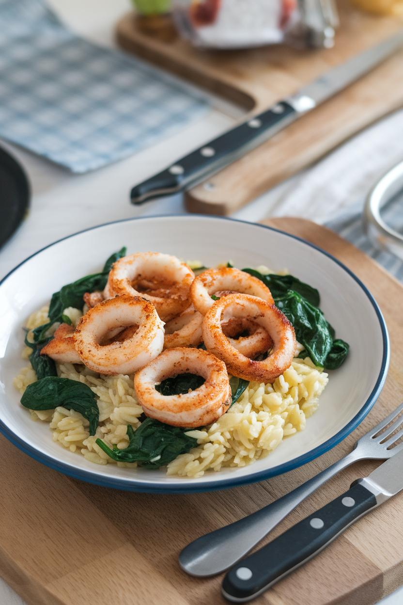 Indoor image of cooked calamari rings over lemon-dill orzo with sautéed spinach. No logos or text.