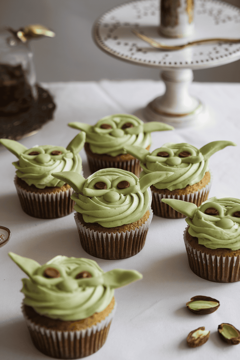 Indoor tabletop photo of pale green pistachio cupcakes with darker green buttercream shaped into mischievous goblin faces, complete with almond sliver ears; no text or logos