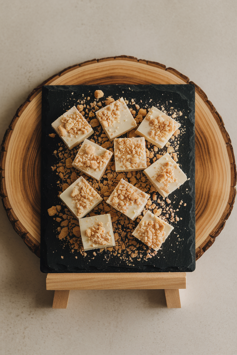 Photo of indoor slate board with white chocolate squares dotted with cookie crumbs, no branding