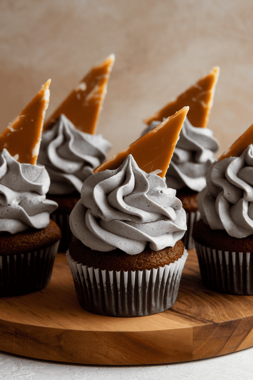 Indoor photo of chocolate-toffee cupcakes topped with gray buttercream sculpted into rough stone textures and a shard of toffee sticking up; no text or logos