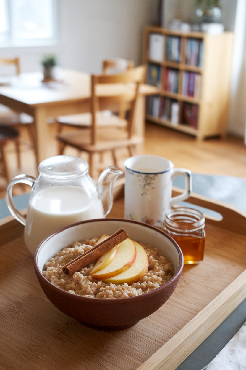 An indoor breakfast nook featuring a ceramic bowl of creamy quinoa porridge topped with caramelized apple slices and a cinnamon stick. Photo only, no text or logos.