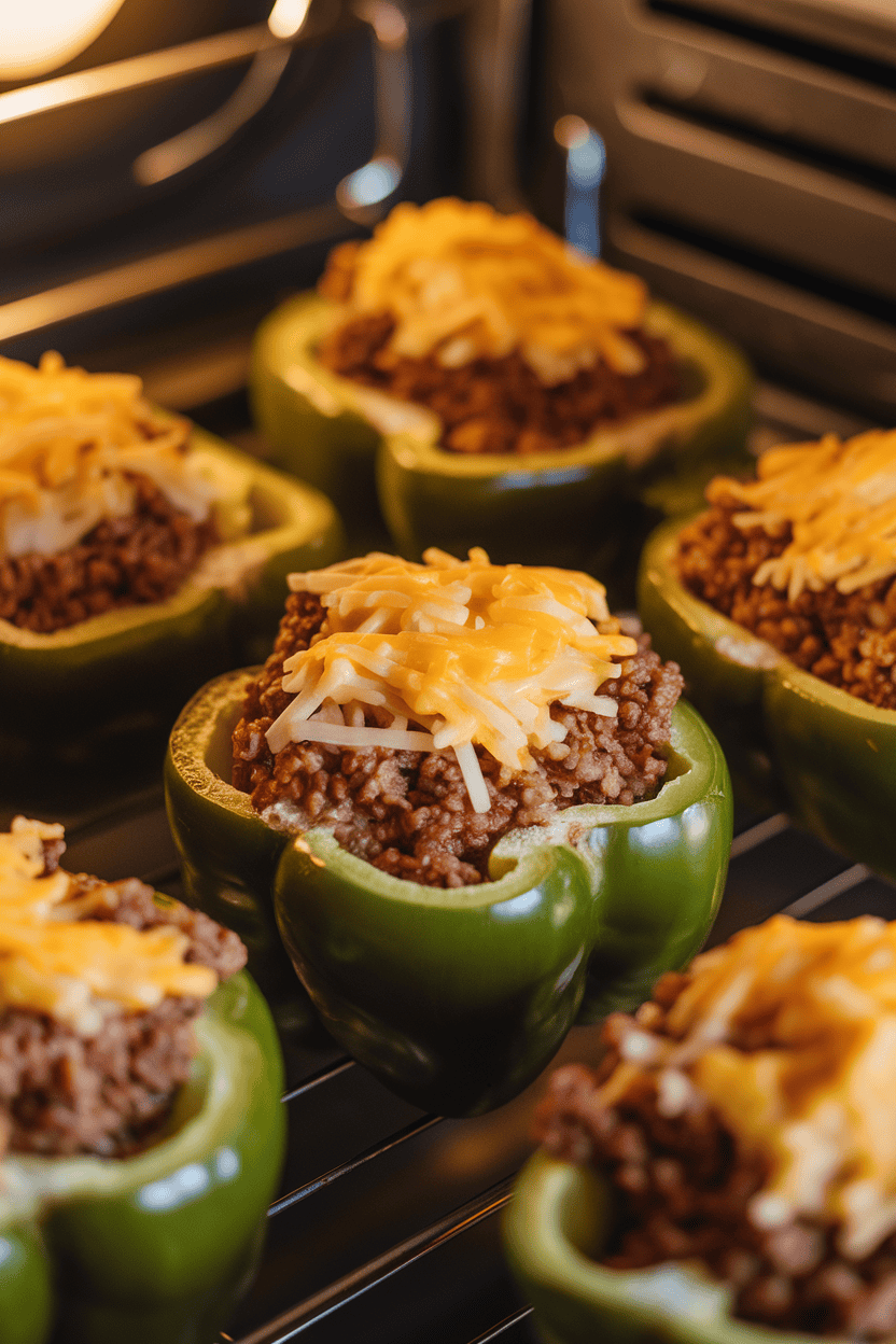 A warmly lit indoor oven-top scene featuring halved bell peppers filled with cooked rice and ground beef mixture, cheese lightly melted on top—no text or logos. Photo only.