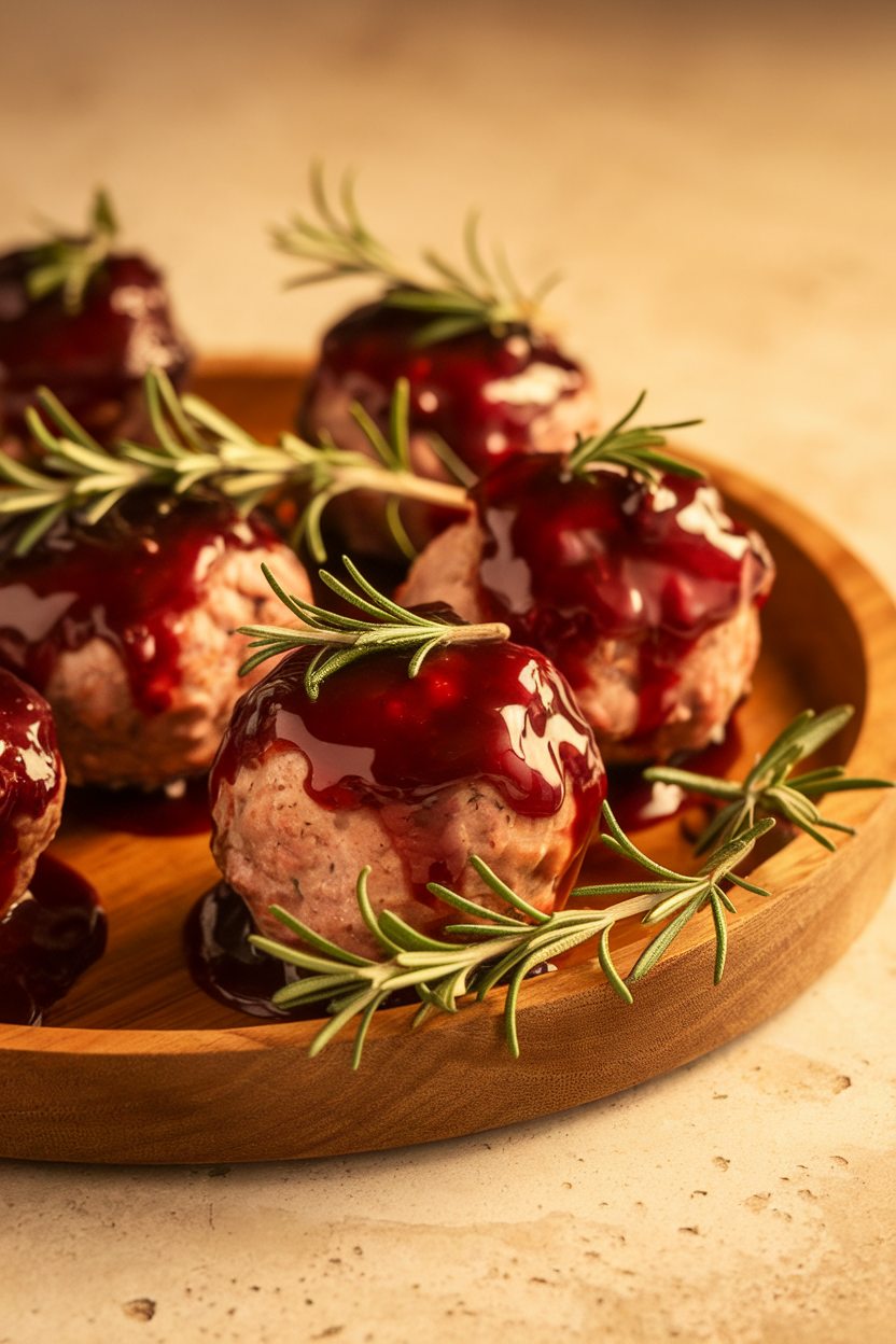 Photo of slow-cooker turkey meatballs glazed in dark cranberry-BBQ sauce, toothpicks side, indoor countertop. No text or logos.