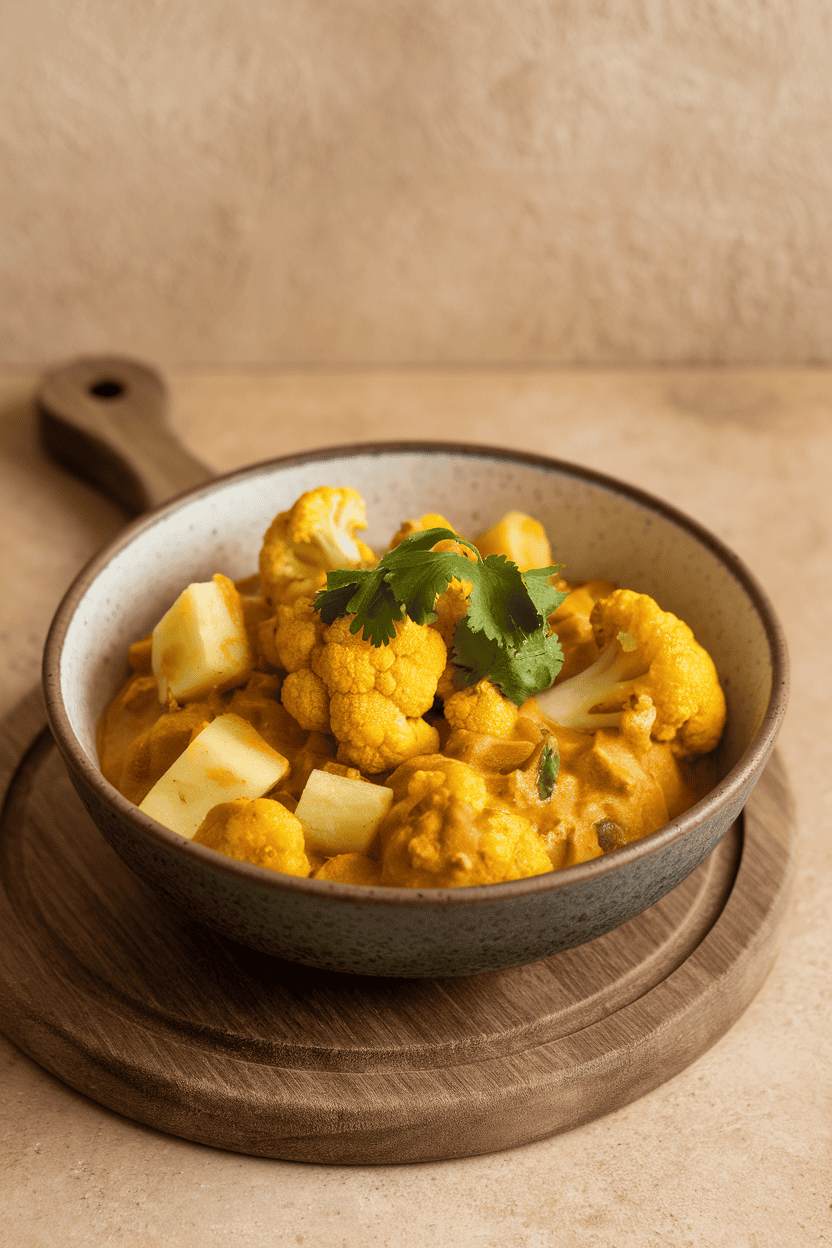 A bowl indoors containing curried cauliflower florets and potato cubes in a golden sauce, cilantro sprinkled. No text or logos.