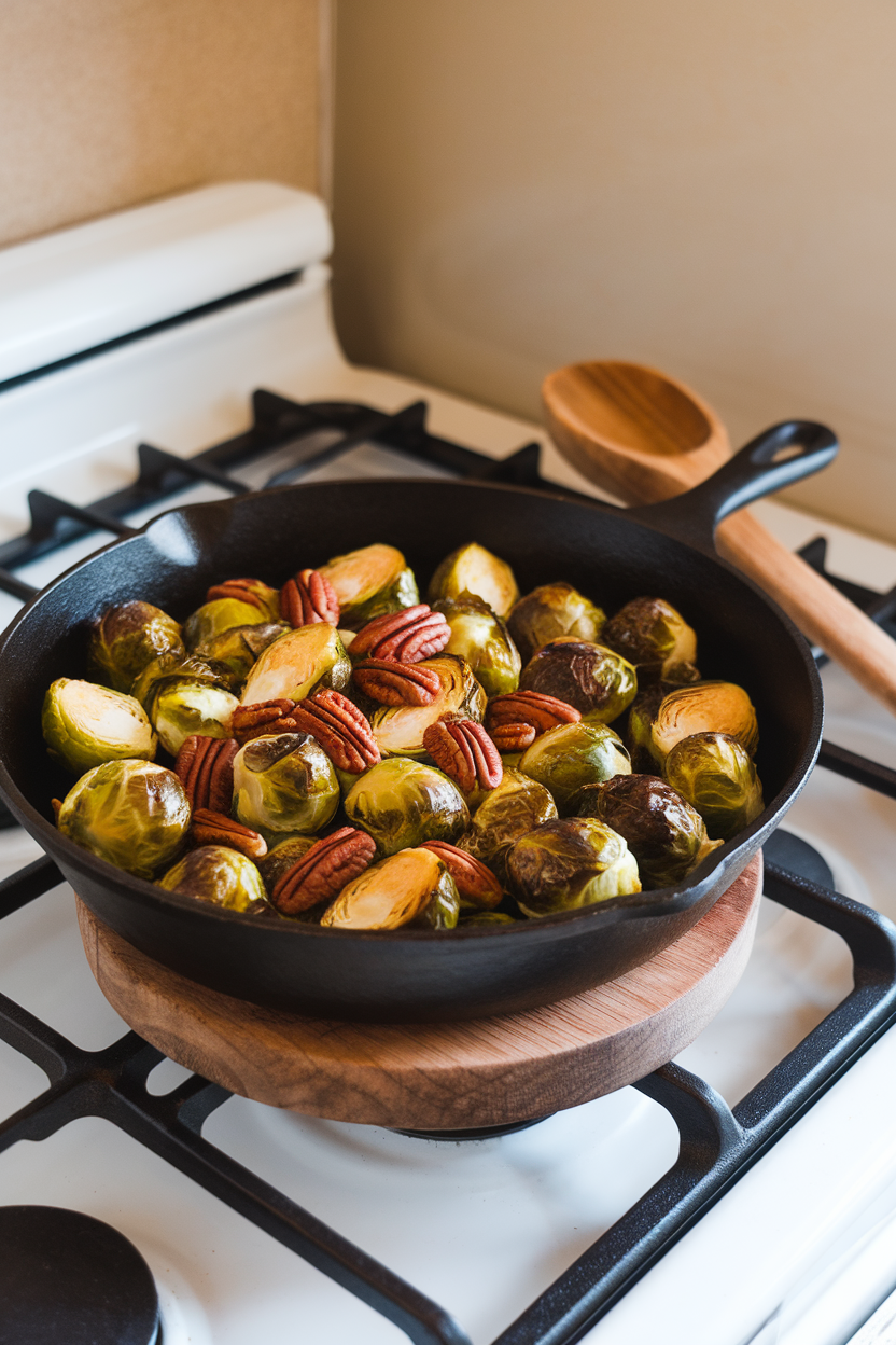 Photo of a cast-iron skillet on an indoor stove containing roasted Brussels sprouts glazed with balsamic and sprinkled with pecan pieces; no text or logos