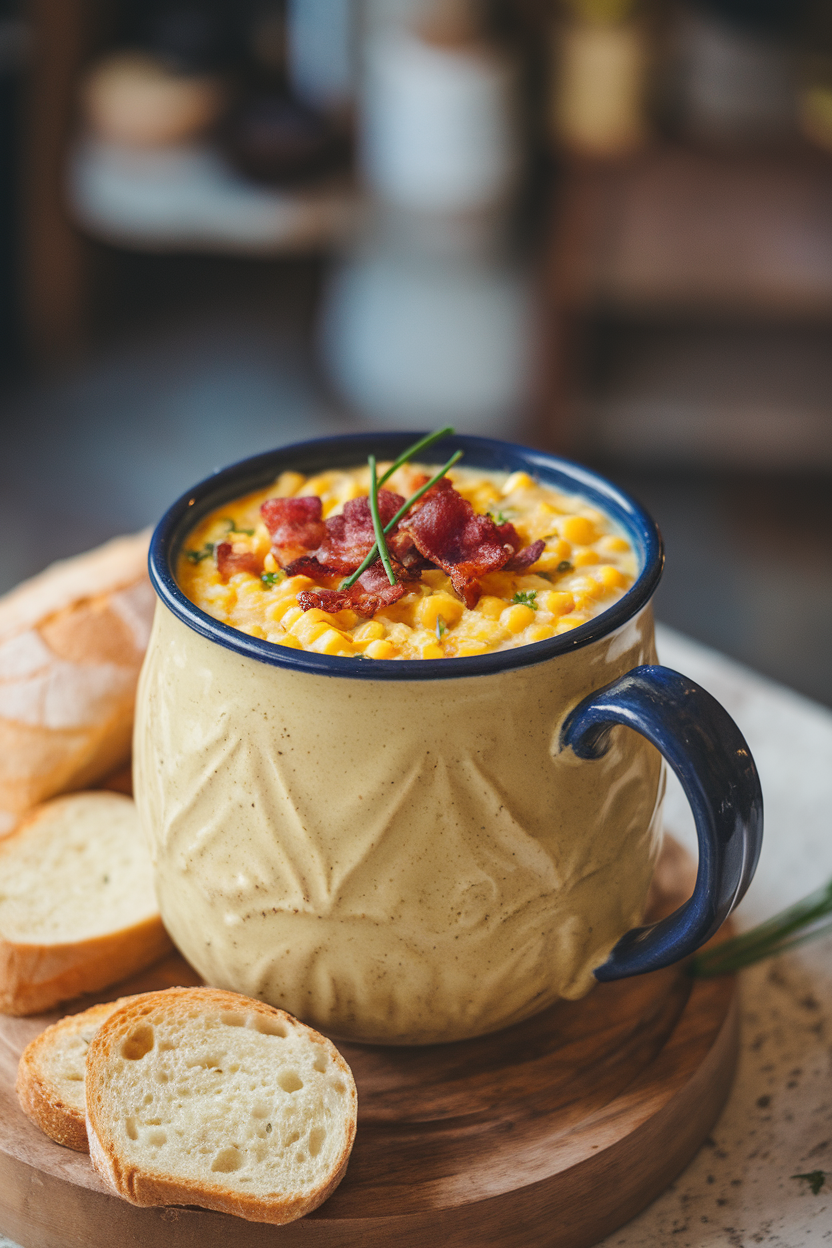 Indoor photo of a large mug filled with creamy corn chowder, garnished with crisp bacon bits and chives. No text or logos on mug.