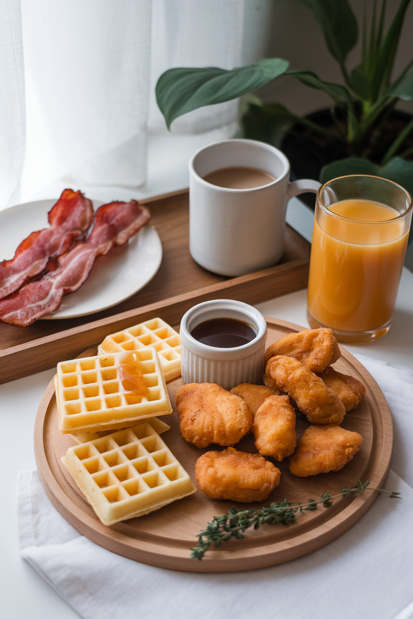 Indoor brunch-style set-up with a board holding mini buttermilk waffles, golden fried turkey nuggets, a ramekin of spiced maple syrup, and fresh thyme sprigs. No text or logos. Photo only.
