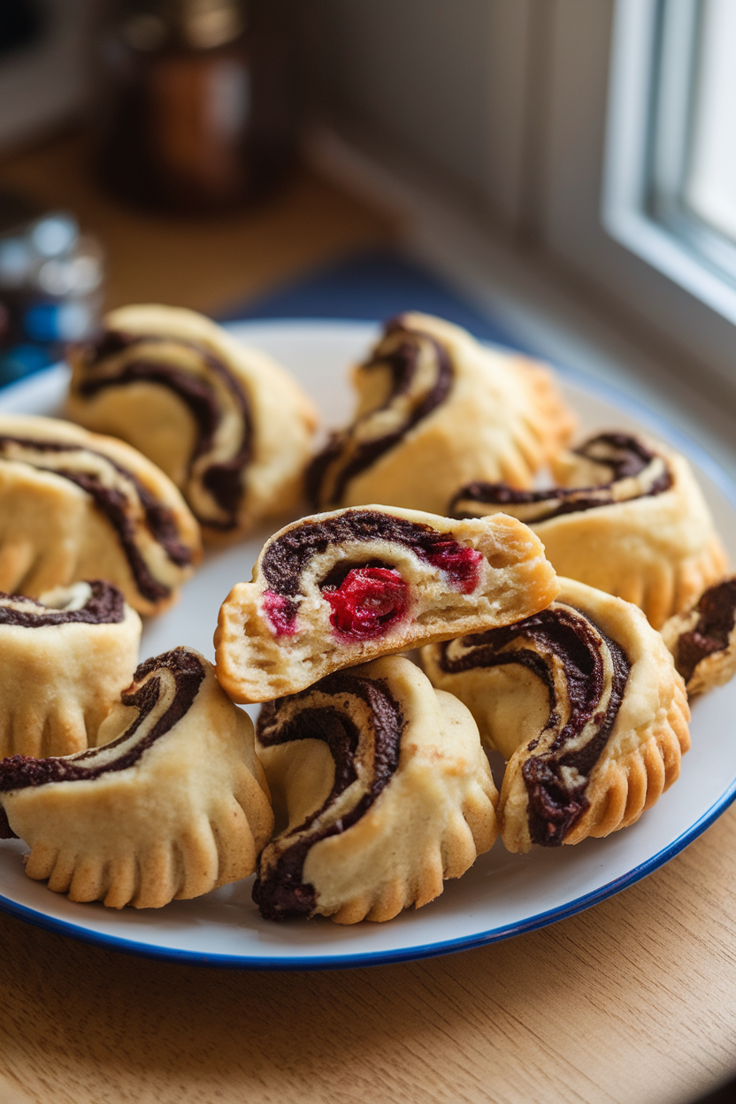 Indoor plate of crescent rugelach cookies showing swirls of dark chocolate and cranberry filling. Soft window light, no text or logos. Photo only.