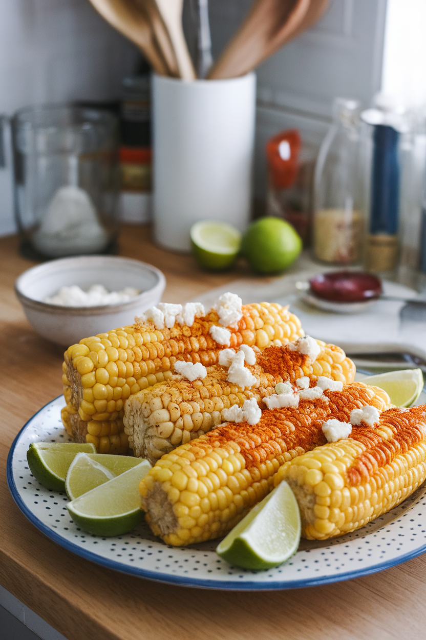 Indoor kitchen counter featuring a platter of roasted corn off the cob, crumbled queso fresco, lime wedges, and smoked paprika sprinkled on top. No text or logos. Photo only.