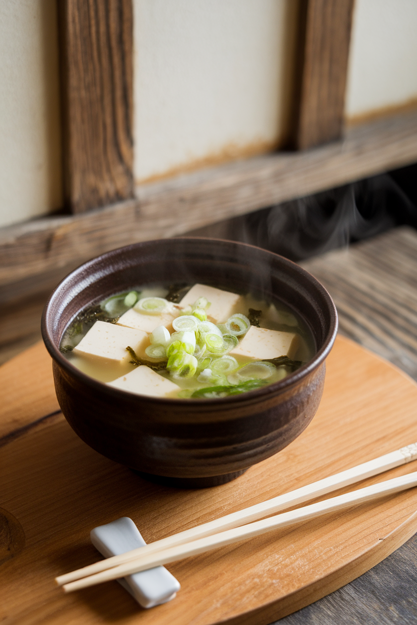 Indoor photo of a steaming ceramic bowl of miso soup showing cubed tofu, sliced scallions, and bits of wakame seaweed floating in a light broth. Wooden chopsticks rest alongside, no text or logos.