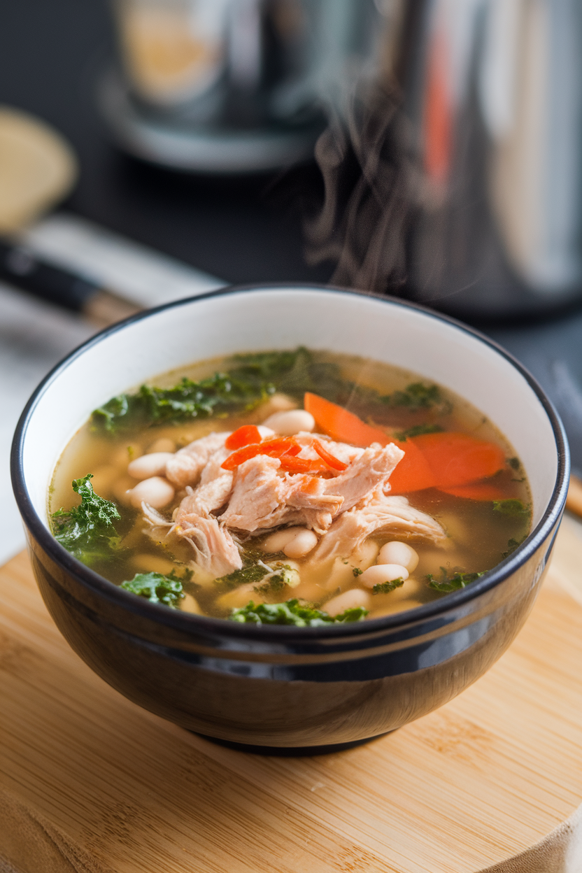 An indoor soup bowl with clear broth, shredded chicken, white beans, kale, and carrots, steam rising gently. No logos or text; photo only.