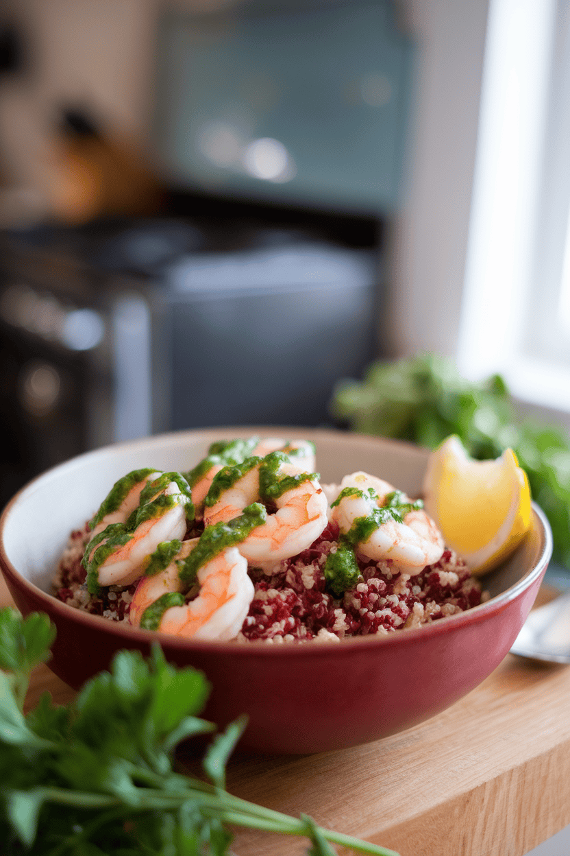 Photo of a bowl indoors containing red quinoa, cooked shrimp, and green chimichurri drizzle, no text or logos.