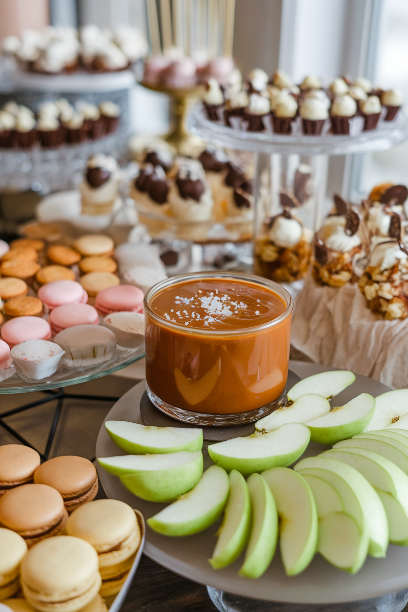 An indoor dessert buffet with a glass jar of glossy caramel dip sprinkled with sea salt, sliced green apples nearby. Photo, no text or logos.