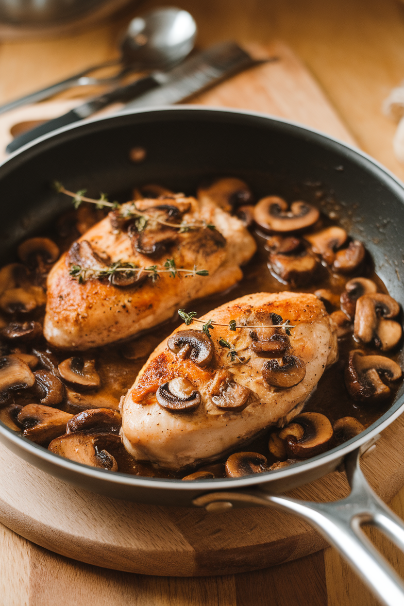 Indoor sauté pan with chicken breasts in a mushroom-Marsala wine sauce, thyme sprigs floating on top. Warm lighting, no logos. Photo.