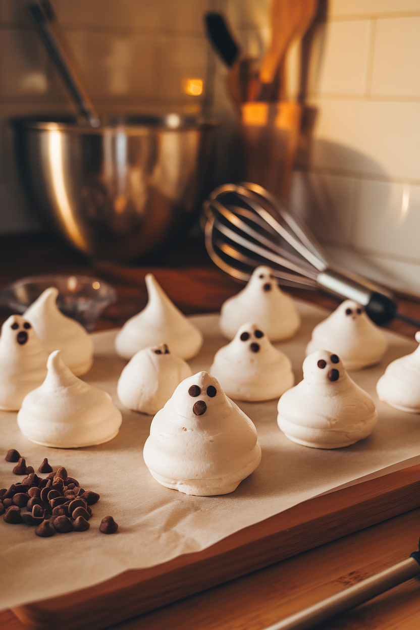 Photo of crisp white meringue ghosts with chocolate chip eyes arranged on parchment paper inside a warm-lit kitchen, no text or logos.