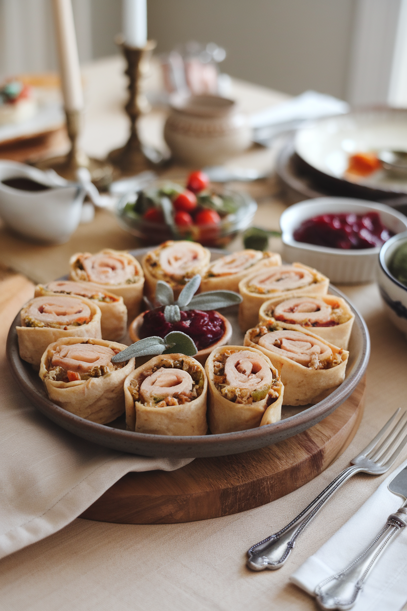 A cozy indoor dining table with a ceramic plate holding spiral pinwheels made of tortillas filled with sliced turkey, herb stuffing, and cranberry spread, plus sage leaves as garnish. No text or logos. Photo only.