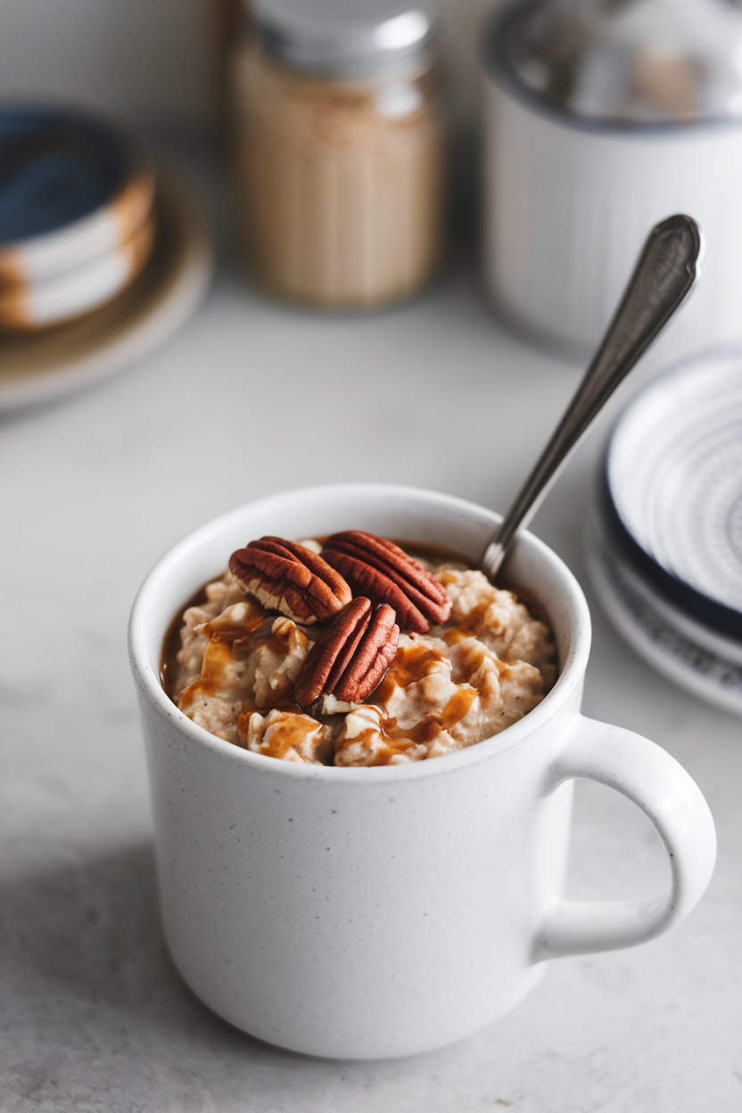 Indoor mug of instant oatmeal garnished with toasted pecans and a drizzle of maple syrup, spoon inside. No text or logos.