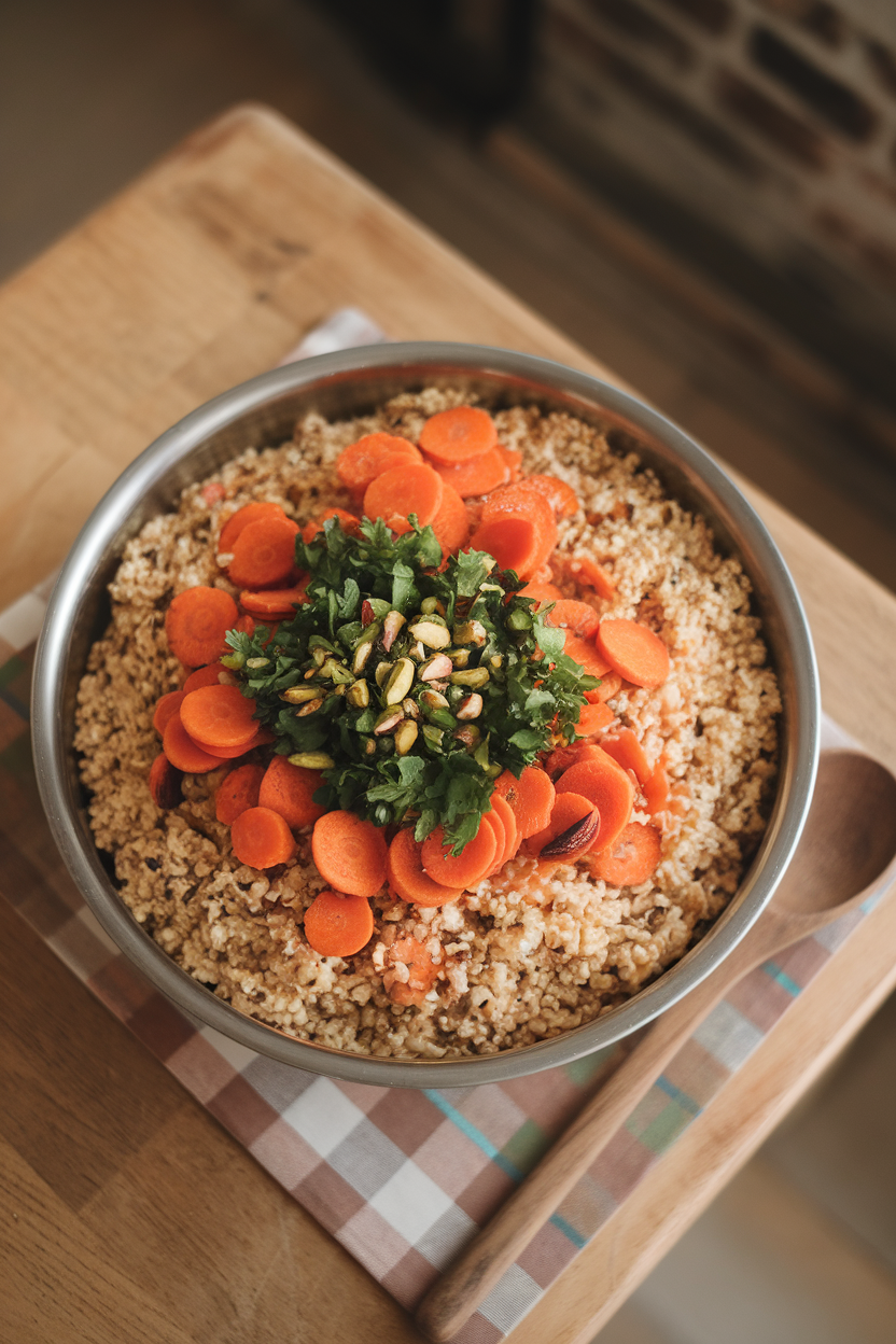 Indoor photo of a wide bowl containing bulgur wheat, roasted carrot coins, parsley, and a sprinkling of pistachios, captured from above. No logos.