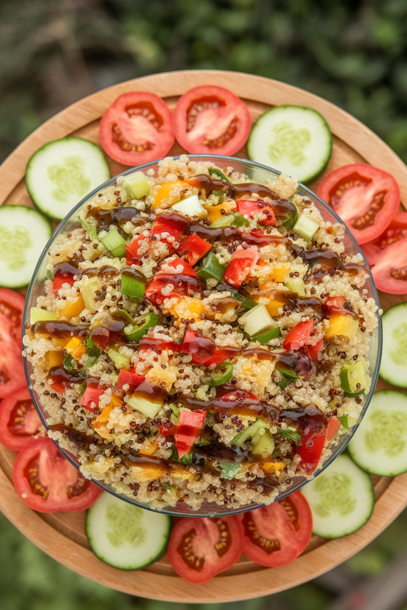 Overhead indoor shot of quinoa salad drizzled with a dark olive vinaigrette, sliced cucumbers and tomatoes around; no text or logos.