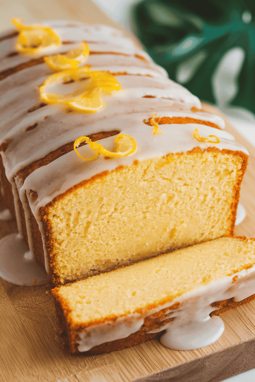An indoor kitchen window scene showcasing a loaf slice of lemon ricotta cake, glaze dripping slightly down the sides. No text or logos. Photo only.