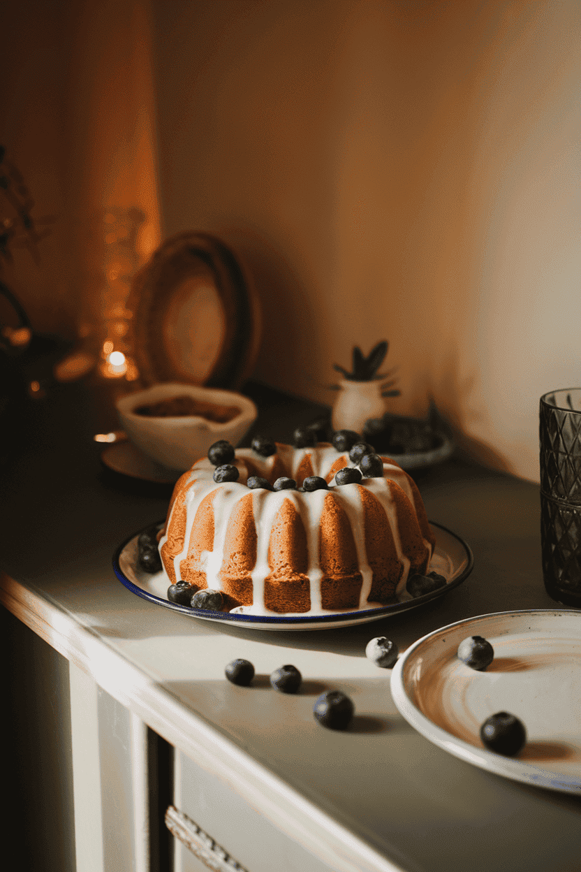 A warmly lit indoor sideboard with a bundt cake glazed in lemon icing, blueberries studded throughout and a few scattered around the plate. No text or logos present. Photo, not illustration.