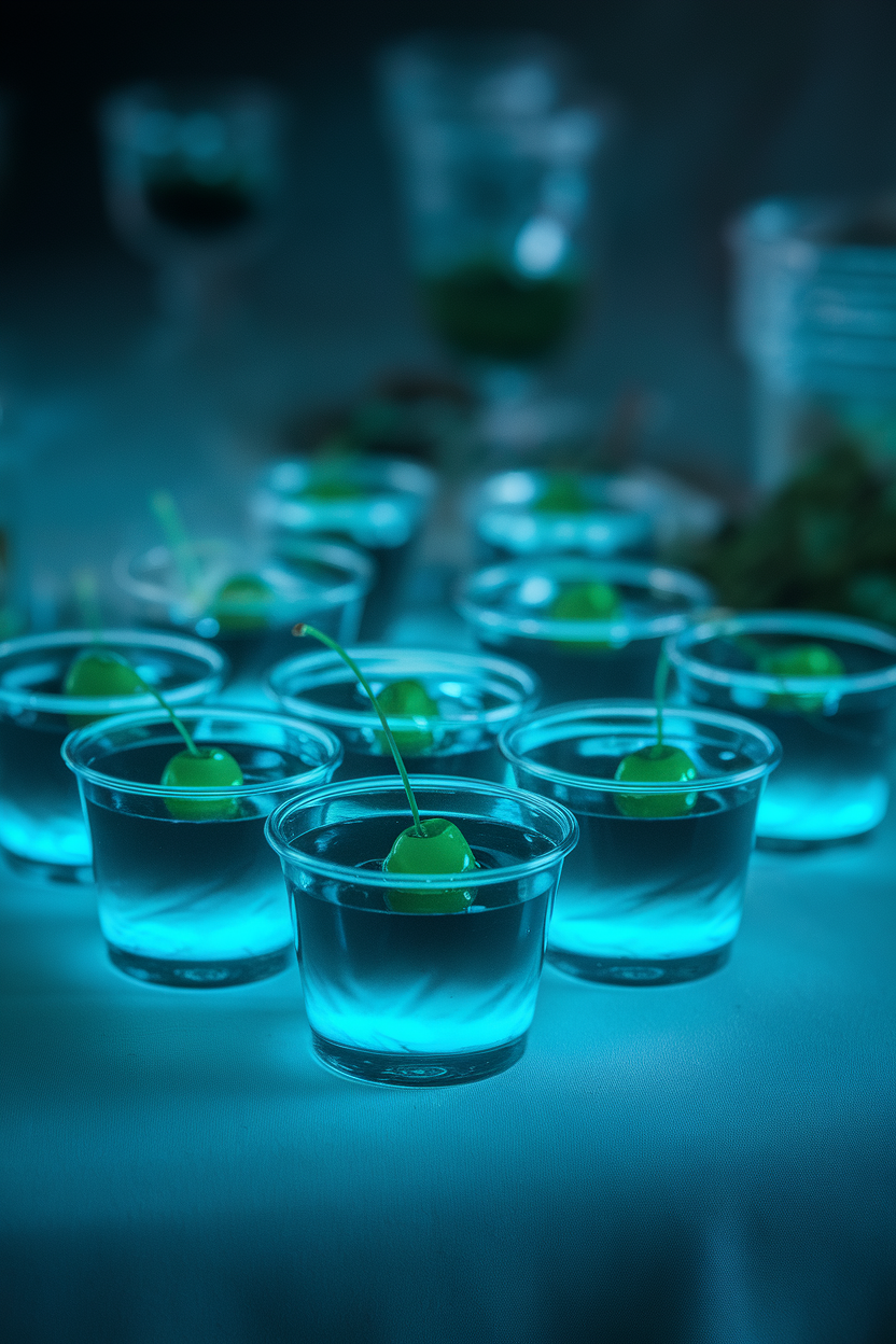 Small clear cups of eerie blue jello glowing under blacklight on an indoor table. Photo, no text or logos.