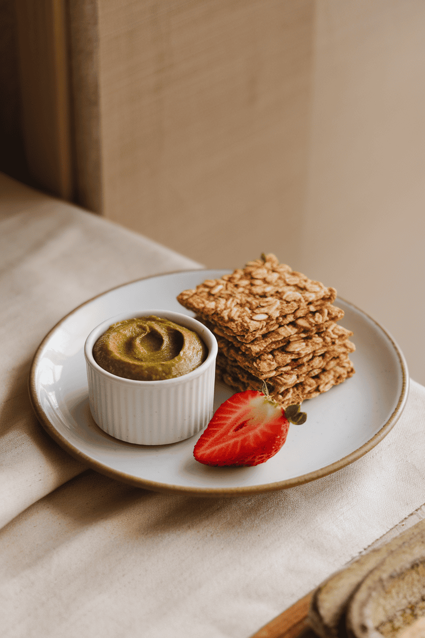 Indoor tabletop photo of green pumpkin seed butter in a small cup, halved strawberries, and oat-based crackers; no text or logos.