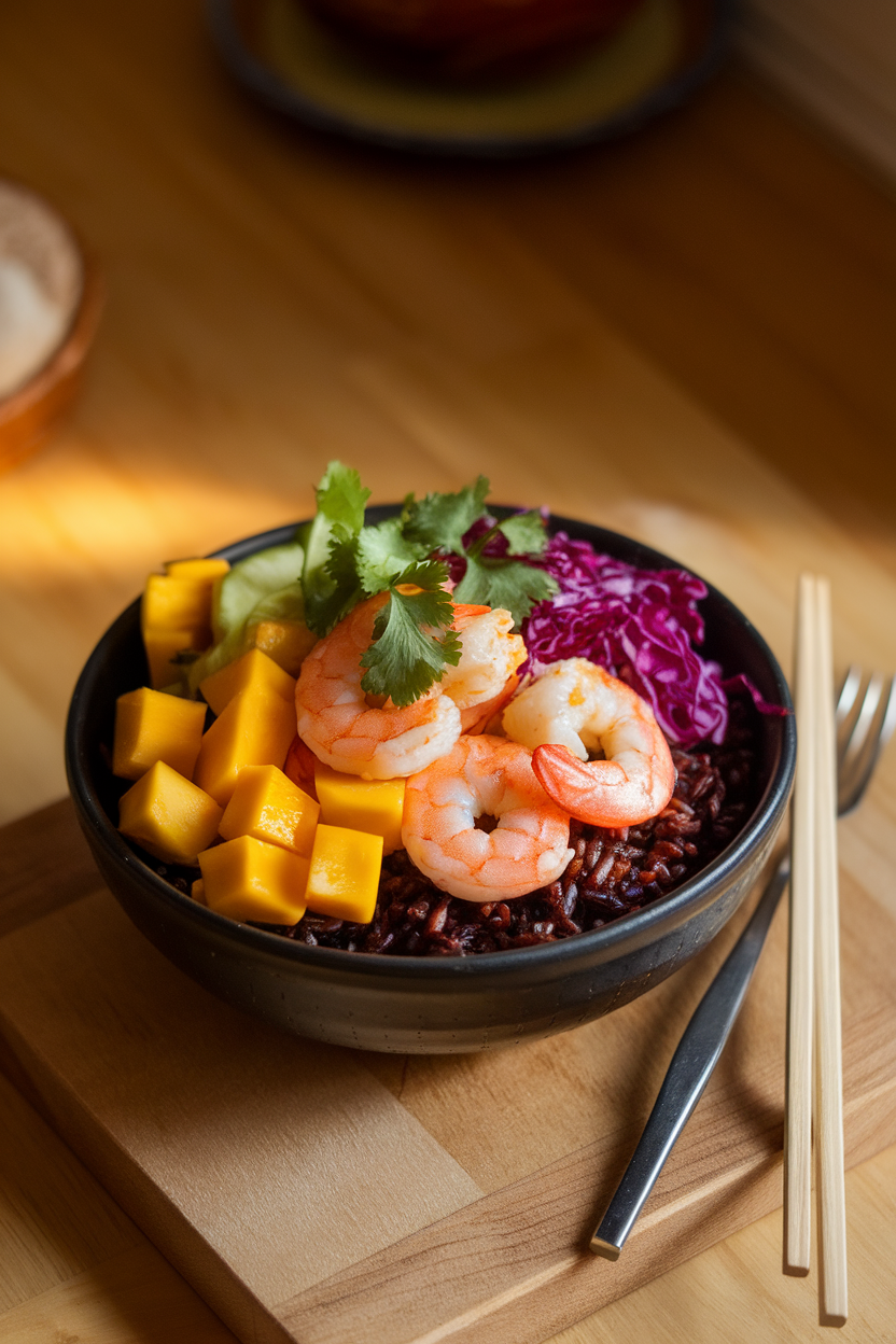 Photo of a warmly lit indoor surface with a deep bowl of black rice topped with chili-garlic shrimp, diced ripe mango, shredded red cabbage, and cilantro leaves. No logos or text anywhere.