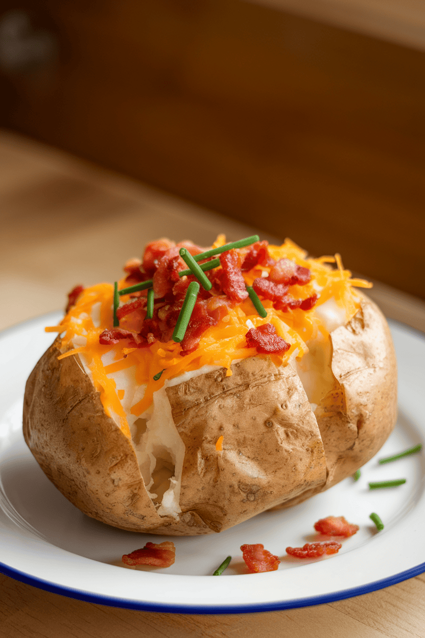 Indoor photo of a fluffy baked potato split open and topped with cheese, bacon bits, and chives; no text or logos.