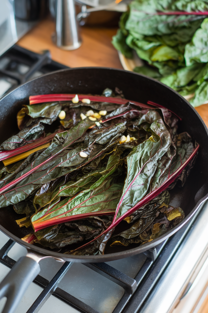 A stovetop scene featuring a skillet of wilted Swiss chard glistening with olive oil and dotted with garlic pieces; no text or logos in the frame.