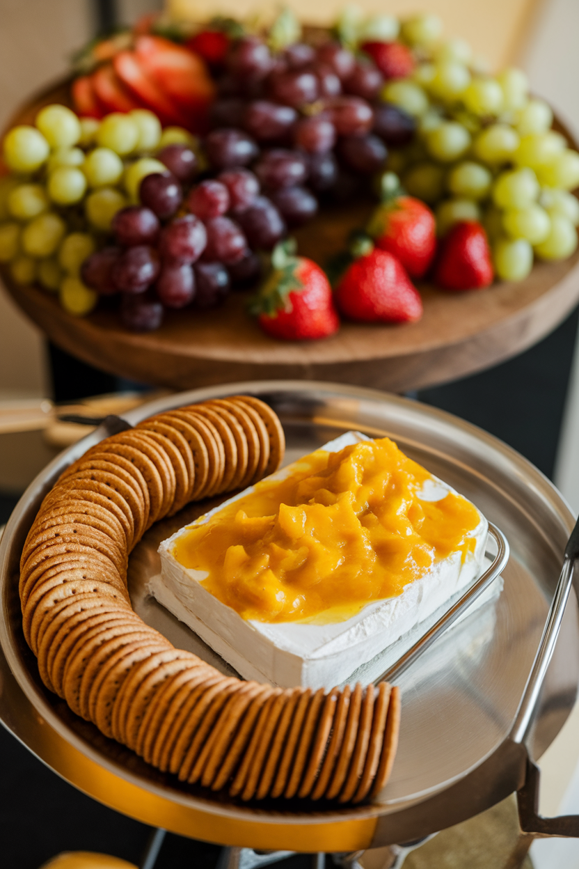 An indoor buffet tray showing a block of cream cheese blanketed by golden mango chutney, with crackers arranged in a crescent. Photo, no text or logos.