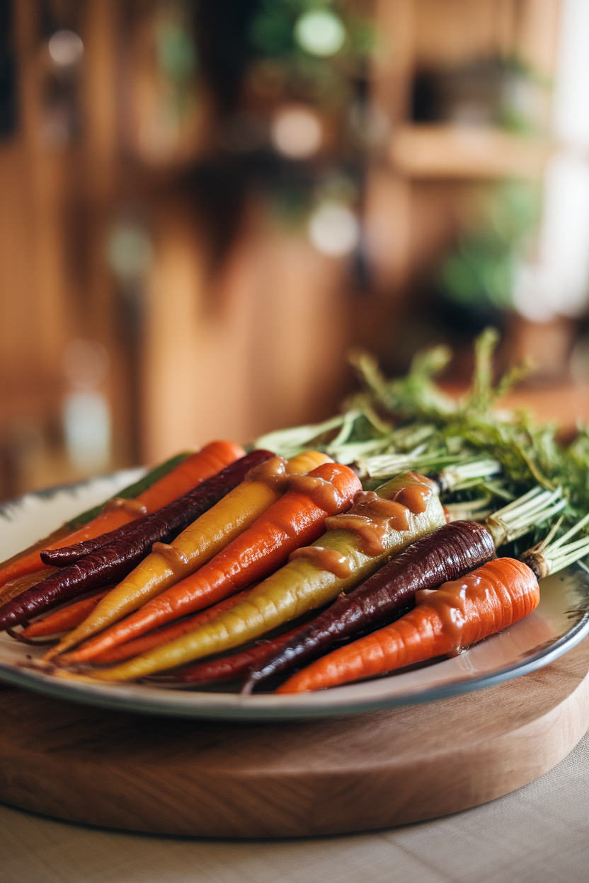 Multicolored roasted carrots brushed with glossy ginger glaze, arranged neatly on an indoor serving plate; no text or logos. Photo only.