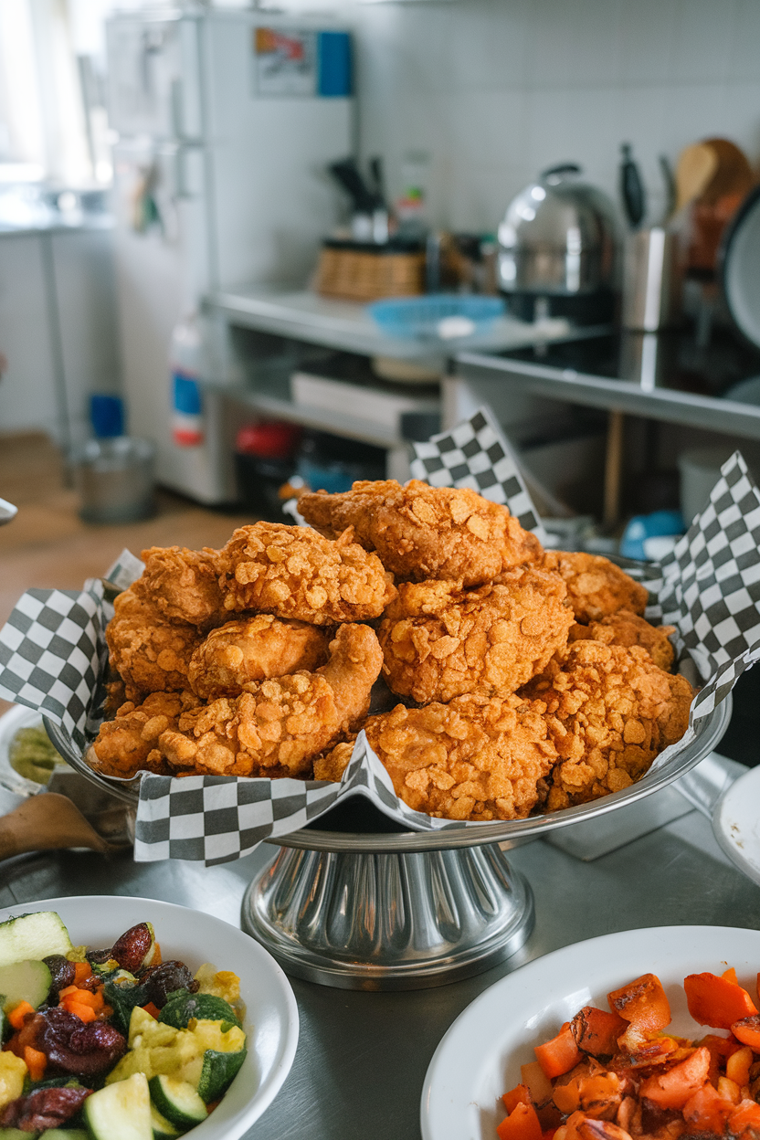 Indoor family kitchen with fried chicken breasts coated in crushed cornflakes, serving platter lined with checkered paper, photo only, no text or logos