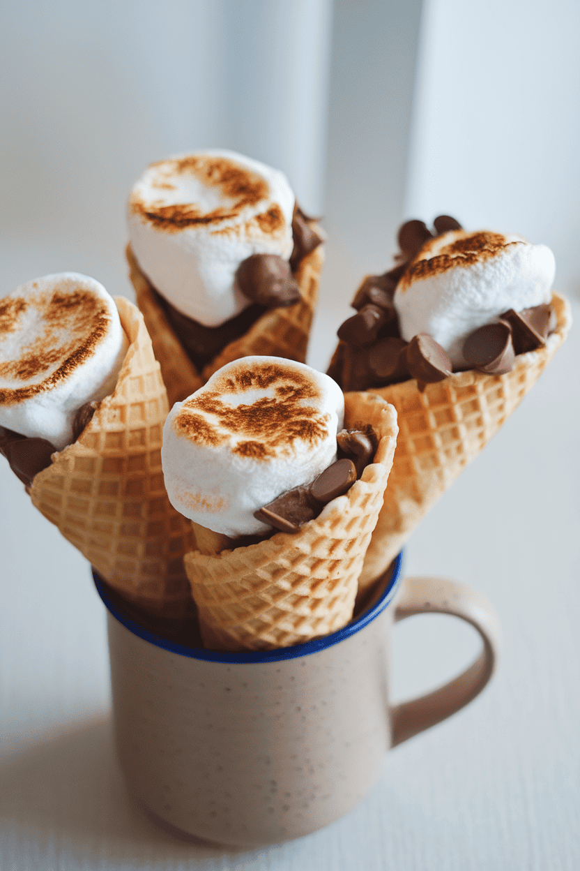 Indoor photo of waffle cones stuffed with toasted marshmallow and melted chocolate chips, set upright in a mug; no logos or text.