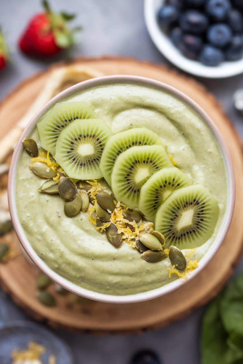 An indoor overhead shot of a pale green smoothie bowl topped with kiwi, pumpkin seeds, and lime zest. Photo only, no text or logos.