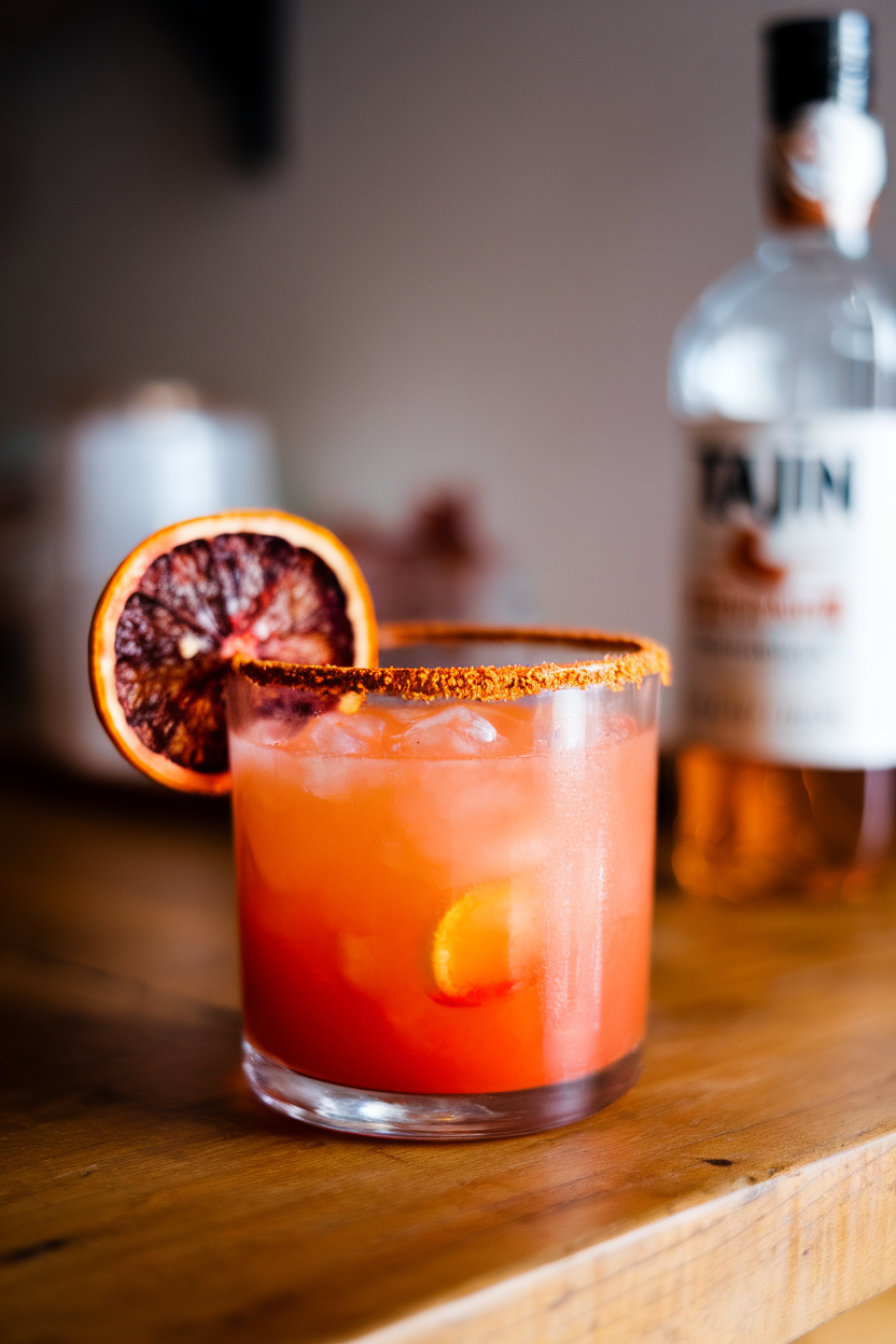 Photo of a rocks glass indoors, vivid red-orange spiced blood orange margarita, Tajín rim, dehydrated blood orange wheel. No text or logos.