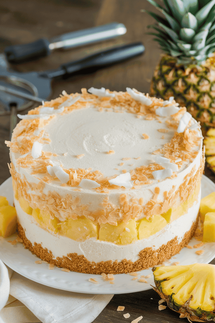Indoor freezer-to-table scene with a round ice cream cake layered with coconut ice cream, pineapple chunks, and cookie crust, decorated with toasted coconut flakes. No text or logos. Photo.