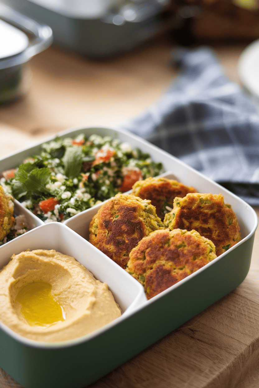 Indoor photo of a divided container with baked falafel patties, tabbouleh, and a dollop of hummus, no text or logos.