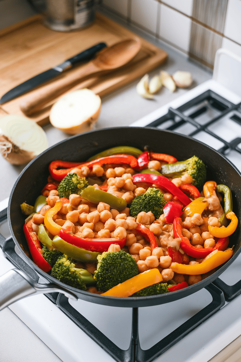 An indoor stovetop scene of a skillet containing colorful cooked bell peppers, broccoli, and chickpeas coated in a glossy tahini sauce. No visible logos.
