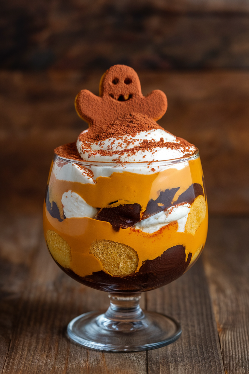 An indoor dessert glass dish layered with espresso-soaked ladyfingers, pumpkin mascarpone cream, and cocoa dusting shaped like a ghost. Photo only, no text or logos.