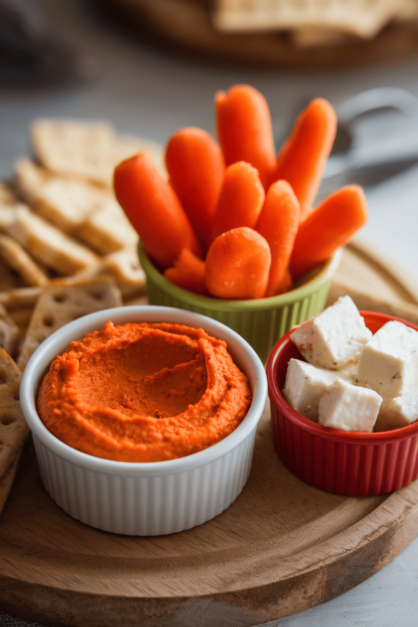 Indoor photo of roasted red pepper hummus in a cup, baby carrots, and small feta cubes, neatly divided; no text or logos.