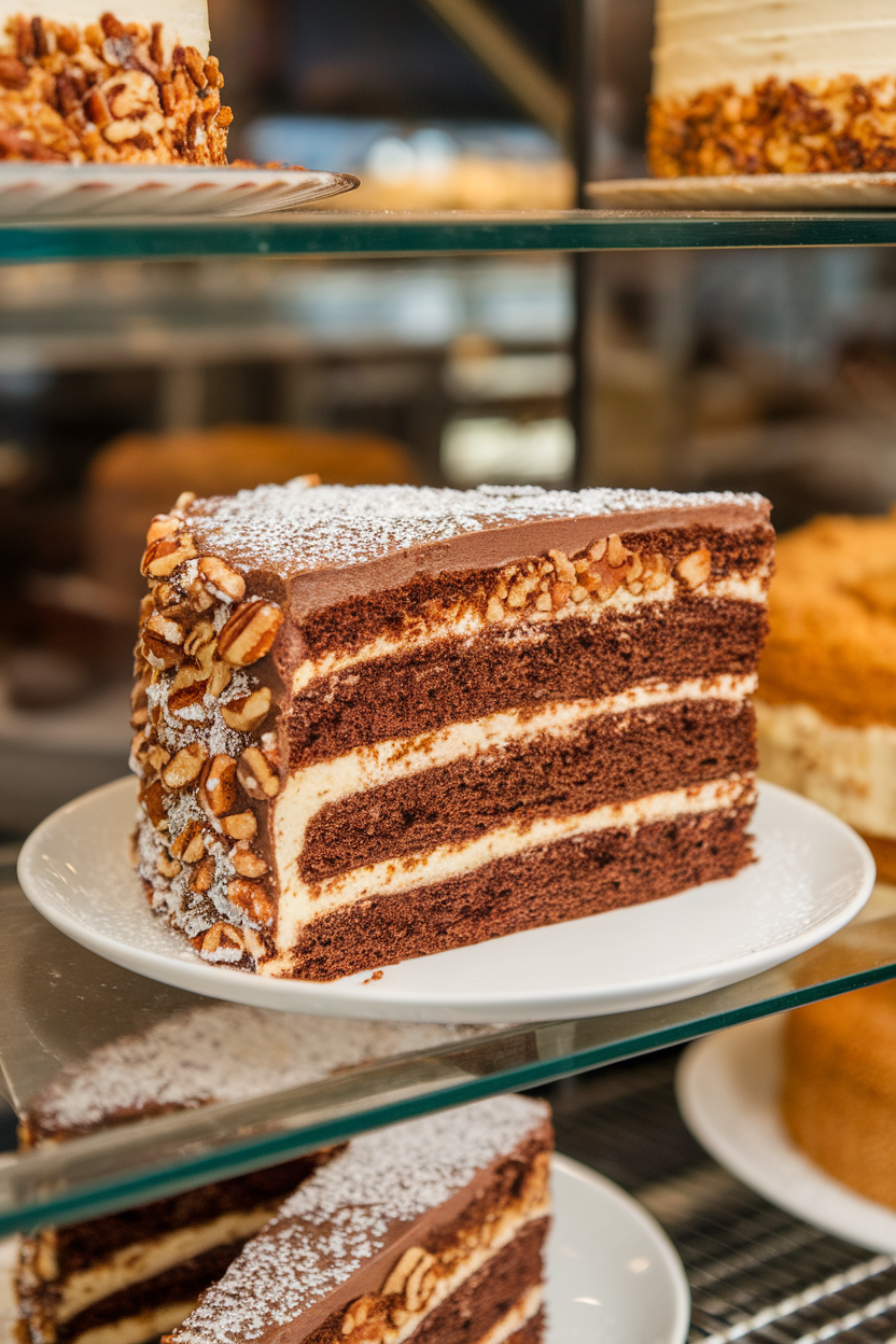 Indoor bakery case view of a slice of German chocolate cake with coconut-pecan frosting between layers. No text or logos.